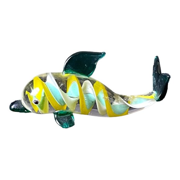 Art Glass Dolphin Paperweight Figurine green/yellow Swirl Stripe Hand Blown - Picture 1 of 7